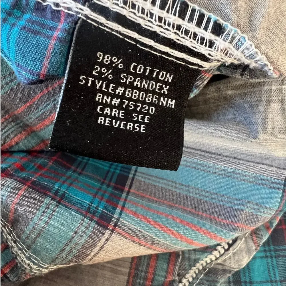 Buckle Black Athletic gray/teal plaid snap down long sleeve shirt., Men's size L